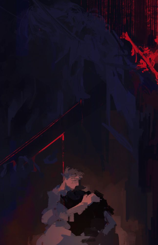 Painting with Ace Combat Zero characters; in the inside of a stabbed by a sword silhouette two figures are hugging in a light warmer than the rest of the painting