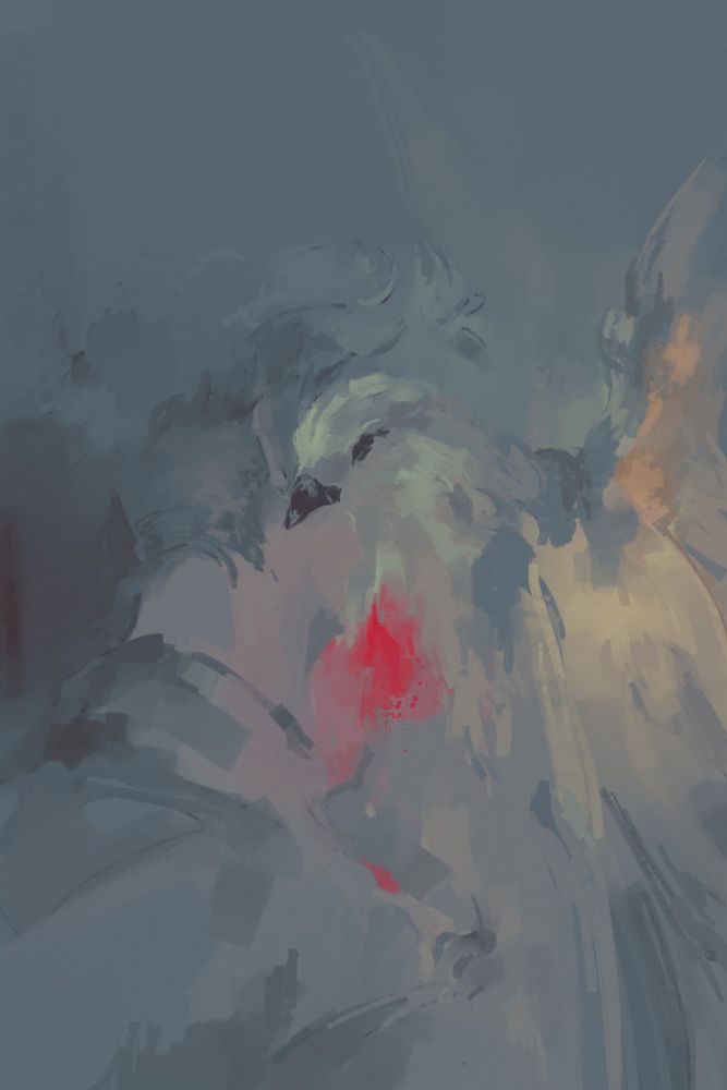 Painted fanart of Mobius 1 from Ace Combat 04 with its face covered by a bleeding heart dove on the foreground