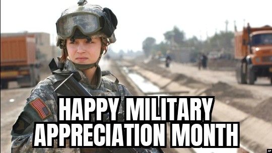 FILE - U.S. soldier Pfc. Janelle Zalkovsky, from civil affairs unit of 1st Battalion, 320th Field Artillery Regiment, 101st Airborne Division, provides security while other soldiers survey a newly constructed road in Ibriam Jaffes, Iraq. December 2015.
With meme text that says. "HAPPY MILITARY APPRECIATION MONTH"