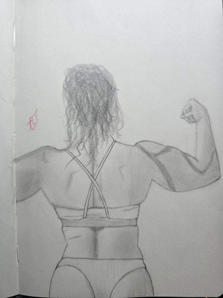 a drawing of nyaaaaati in white bra and panties from behind, with damp hair, flexing arms, showing muscle tone