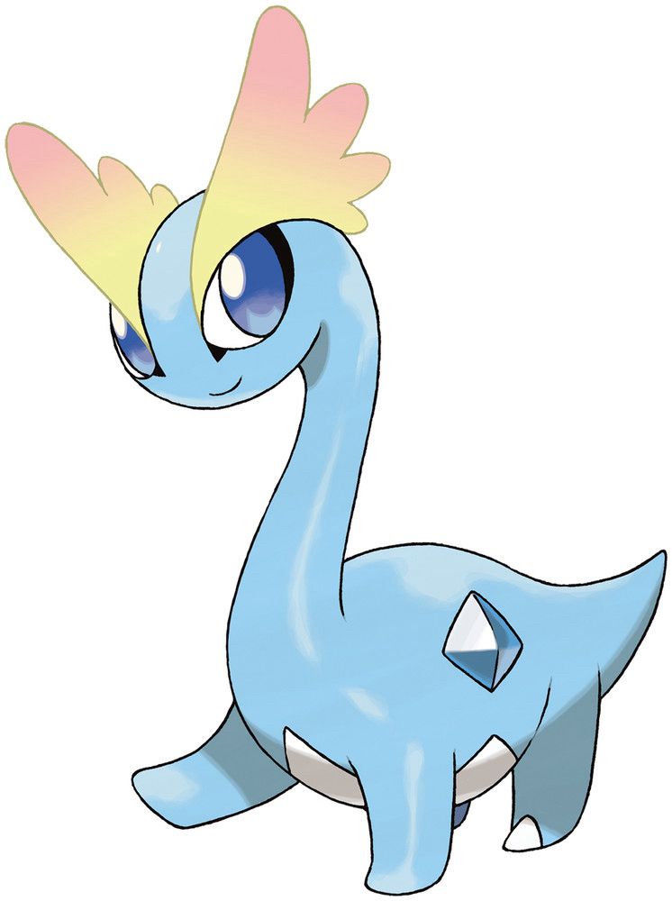 A still image of an Amaura, which is a light blue sauropod Pokémon with a gem on its side, a white belly, and frills over its eyes with a yellow to pink ombre.
