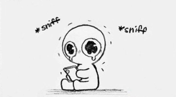 A chibi person sitting on the floor crying and shaking, holding a phone. The dialogue on either side of the head is: *sniff