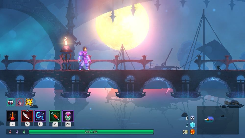 An image of a warrior standing on a bridge above water. The giant moon and sails from ships are in the background.