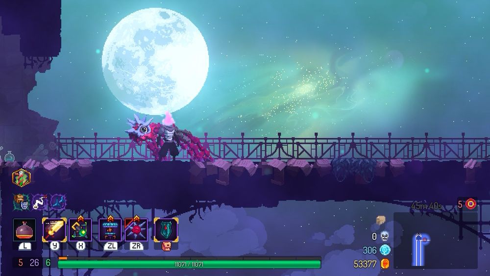 An image of a warrior standing on a bridge with the giant moon and a galaxy in the background