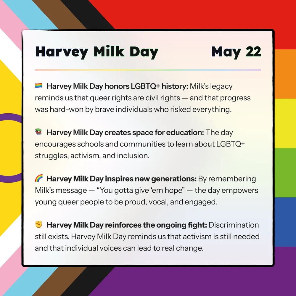 Chunky word art reads “Harvey Milk Day”, “May 22”. Sans serif font reads “🏳️‍🌈   Harvey Milk Day honors LGBTQ+ history: Milk's legacy reminds us that queer rights are civil rights — and that progress was hard-won by brave individuals who risked everything.

📚   Harvey Milk Day creates space for education: The day encourages schools and communities to learn about LGBTQ+ struggles, activism, and inclusion.

🌈   Harvey Milk Day inspires new generations: By remembering Milk’s message — “You gotta give ‘em hope” — the day empowers young queer people to be proud, vocal, and engaged.

✊   Harvey Milk Day reinforces the ongoing fight: Discrimination still exists. Harvey Milk Day reminds us that activism is still needed and that individual voices can lead to real change.”