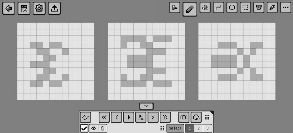 Three gray 8-bit sprites made in Pixquare.