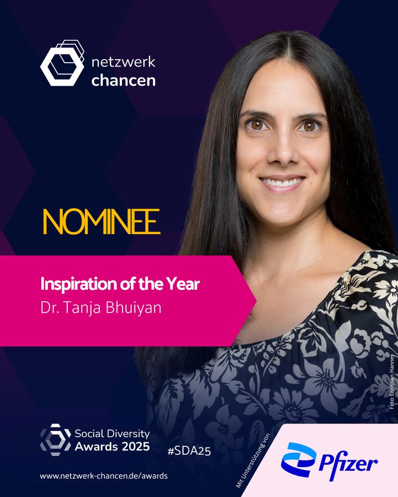 Sharepic das ein Porträt von Tanja Bhuiyan zeigt. Gelbe Aufschrift: NOMINEE. Darunter steht in weißen Buchstaben "Inspiration of the Year, Dr. Tanja Bhuiyan". www.netzwerk-chancen.de/awards