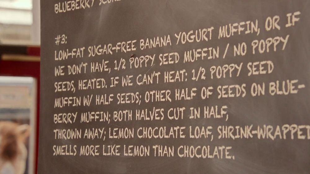 #3:
LOW-FAT SUGAR-FREE BANANA YOGURT MUFFIN, OR IF WE DOPNT HAVE, 1/2 POPPY SEED MUFFIN / NO POPPY SEEDS, HEATED, IF WE CANT HEAT: 1/2 POPPY SEED MUFFIN W/ HALF SEEDS; OTHER HALF OF SEEDS ON BLUE-BERRY MUFFIN; BOTH HALVES CUT IN HALF, THROWN AWAY; LEMON CHOCOLATE LOAF, SHRINK-WRAPPED SMELLS MORE LIKE LEMON THAN CHOCOLATE.
