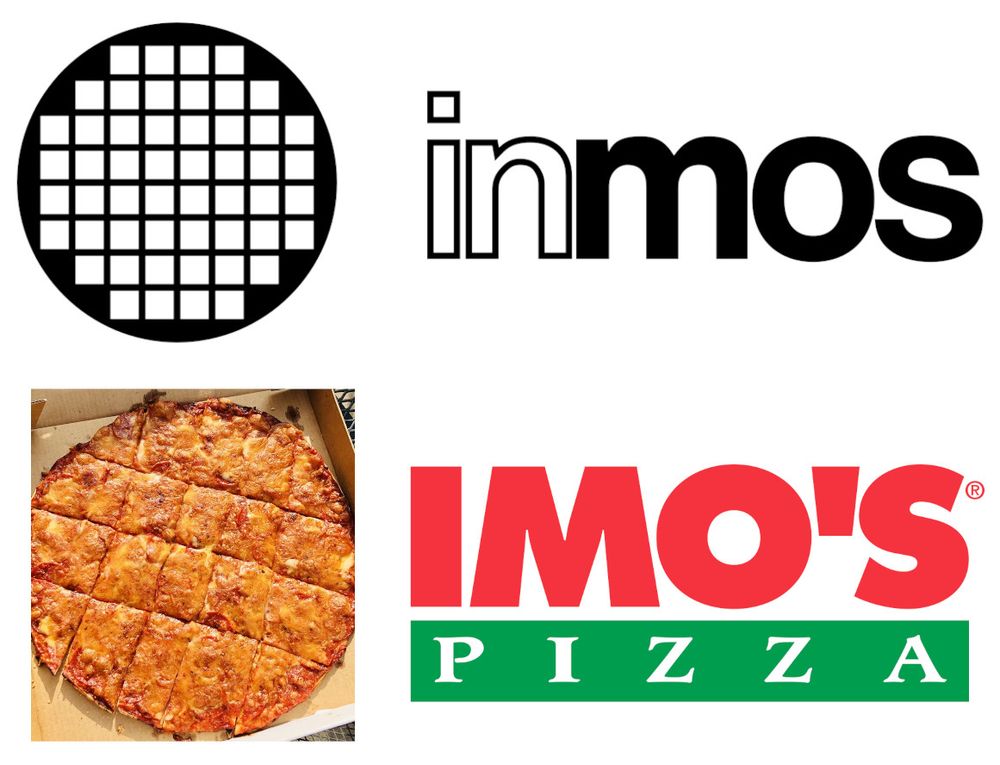 Top, the Inmos logo: the word Inmos to the right of a black circle with a grid of white squares inside. It's meant to recall a silicon wafer full of integrated circuit dies. Inmos was a legendary British semiconductor manufacturer who invented the transputer architecture, an innovative also-ran.

Bottom: the logo for Imo's Pizza (an infamous St. Louis chain) next to an image of a circular pizza cut into squares, as Imo's does.