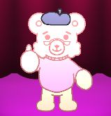Dusty, a bear with a red sweater, shades, and a beret, with a thumb up as he stands on a stage with a red curtain. There is a very bright spotlight on him, making him very ghostly.