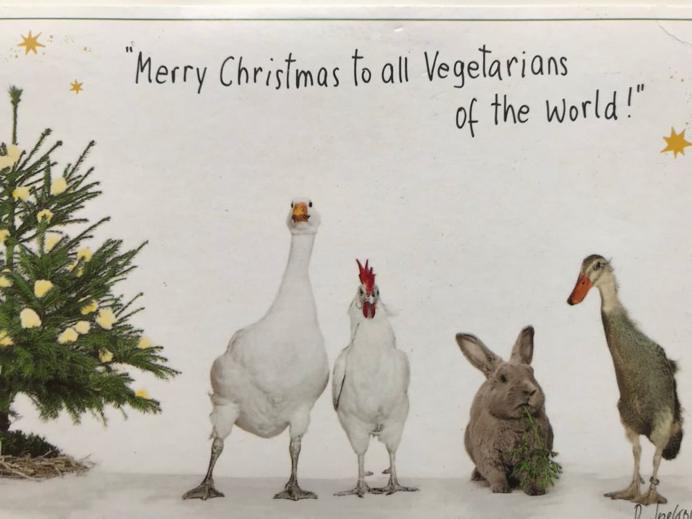 Foto: von links nach rechts: Weihnachtsbaum, Gans, Hahn, Kaninchen, Ente, die in die Kamera gucken. Aussage oben drüber: Merry Christmas to all Vegetarians of the World 