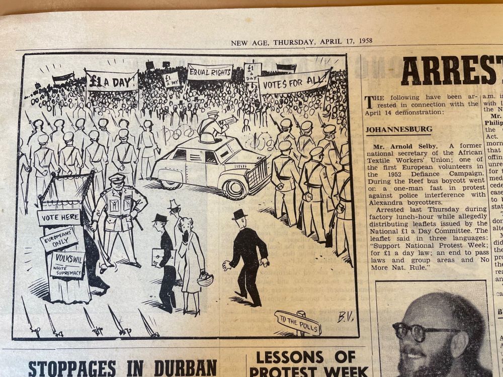 Anti apartheid cartoon in the left wing newspaper New Age, South Africa 1958