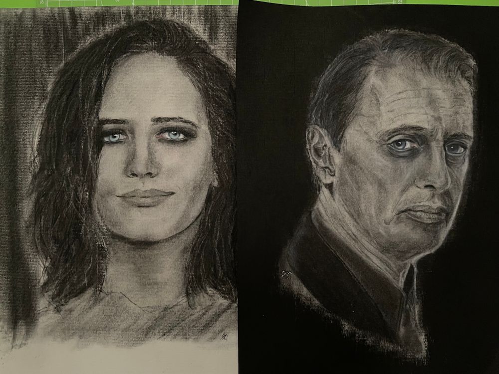My two human Portraits side by side… there is a Little Progress I guess😅 Eva Green on the left Steve Buscemi on the right, Both charcoal