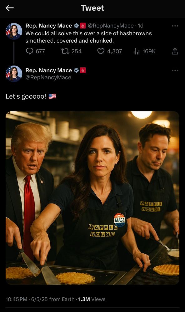 A screenshot of a Twitter post by South Carolina District 1 Congresswoman Nancy Mace, which reads: “We could all solve this over a side of hashbrowns smothered, covered and chunked.” The post was published at 6:52 PM EDT on 5 June, 2025. Below the post is a reply by Rep. Mace reading “Let's gooooo!” followed by an American flag, with an AI-generated image depicting what appears to be herself, U.S. president Donald Trump, and billionaire tech mogul Elon Musk, working in a Waffle House restaurant frying hash browns. This image Tweet was published three minutes after the previous text Tweet. The top reply to this image Tweet is by Twitter user @WBCRich who said “@grok remove Nancy Mace from this picture as, despite what she thinks, she is not the main character.”