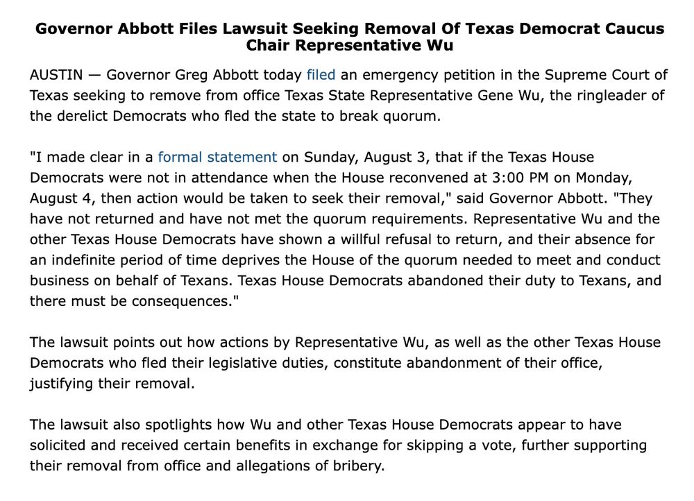 Lawsuit by Texas Governor Greg Abbott against Rep. Gene Wu seeking to remove him from office 