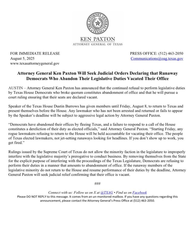 Paxton saying he will try and use the courts to vacate seats in the Texas House 