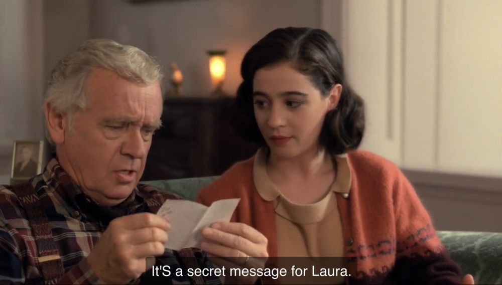 Four screenshot from a scene in Twin Peaks: The Missing Pieces. Dr. Hayward is in his living room with his daugther Donna and her friend Laura Palmer. Laura has tears in her eyes. Dr. Hayward takes a prescription from his pcokets and pretends to read this out loud: It's a secret message for Laura. 'The angels will return, and when you see the one that's meant to help you, you will weep with joy.