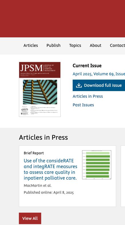 Screenshot of the Journal of Pain & Symptom Management homepage featuring our article entitled "Use of the consideRATE and integRATE measures to assess care quality in inpatient palliative care." 
