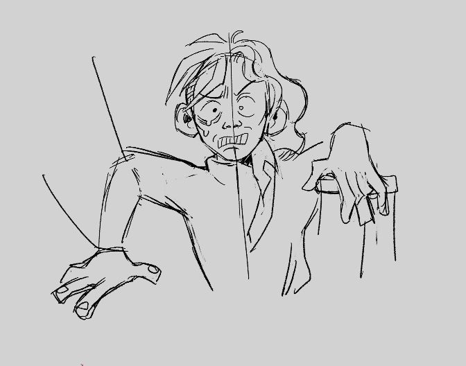 A doodle of Cesare from Bigtop Burger. He is split into his current form and human form. His Current form has his arm held up by Puppet strings, while his human side is controlling a puppet.