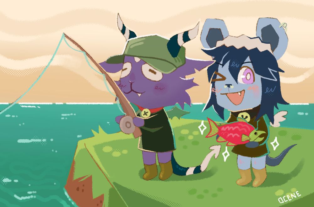 Digital art, two cute furry characters inspired by the game Webfishing they are fishing, one of them is holding a fish.