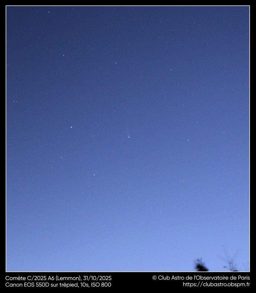 La comète C/2025 A6 (Lemmon) depuis Meudon le 31 octobre 2025. Au centre de l'image, on distingue un astre avec une chevelure. 