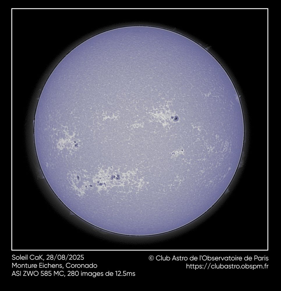 Le Soleil au Coronado CaK ce jeudi 28 août. De nombreuses taches solaires sombres sont présentes, témoignant de l'activité magnétique de notre étoile qui a atteint son pic en juillet. 