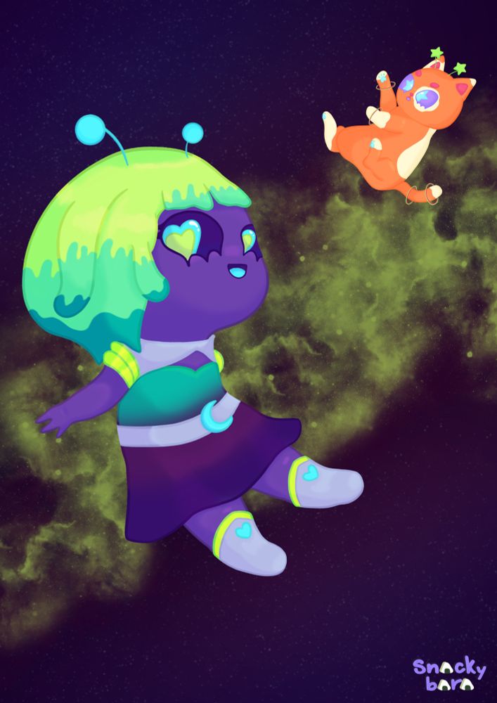 Purple Alien girl with blue antennas and slime hair that’s styled as a bob with varying shades of green floating in space wearing a gradient blue/purple, magenta, and teal dress with silver and neon green accents and accessories. Also a floating orange alien cat with purple eyes and green star antennas. 