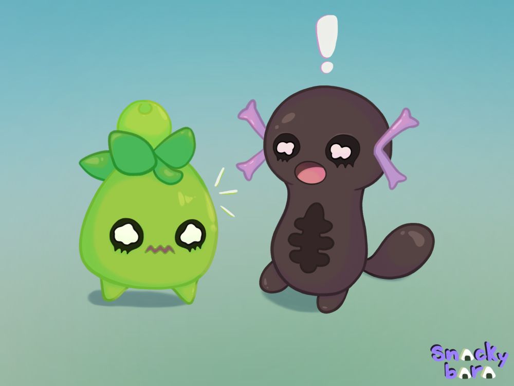 Smoliv and Paldean Wooper from Pokemon having a riveting conversation. 