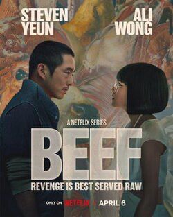 Promo image for Netflix’s show “BEEF” where Steven Yeun’s character is staring down Ali Wong’s 