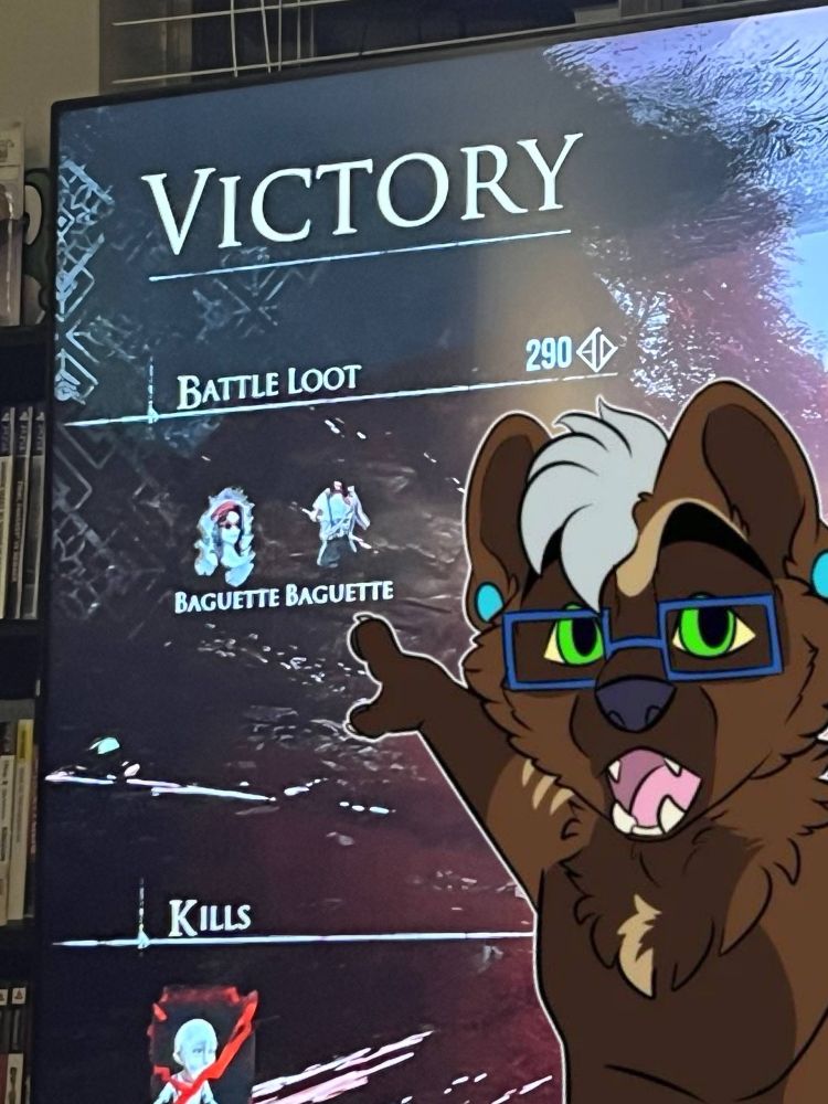 Photo of the victory screen in Expedition33, in the right corner is my fursona pointing at some battle loot. 