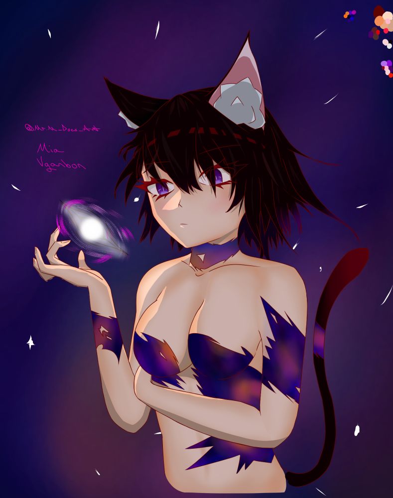 Cat girl I space holding a nova with parts of her body made from the matter thst makes up what is around her. Named Mia Vganbon.
