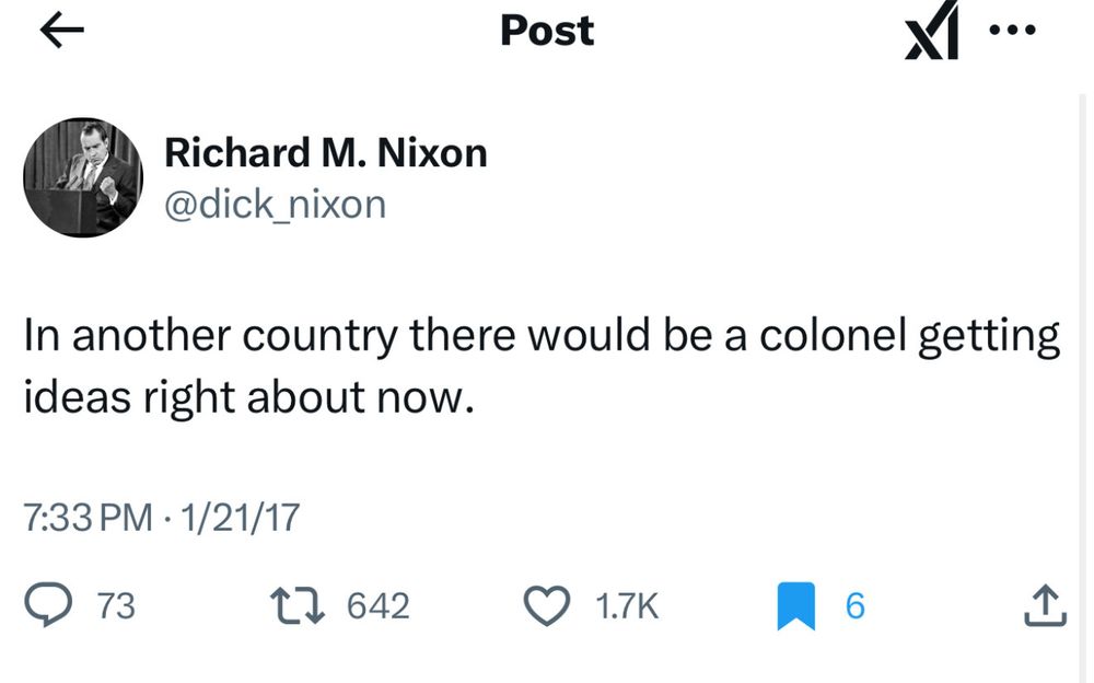 A picture of a previous RMN tweet stating “in another country there would be a colonel getting g ideas right about now”