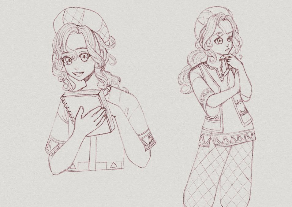 Two uncolored sketches of a man with loose curls in a ponytail. He is wearing a beret, a t-shirt, a sleeveless sweater, and some baggy pants. The pants and beret have a diamond pattern on them and the t-shirt has a triangle pattern on the sleeves. In one sketch, he's holding a sketchbook and smiling at the viewer. In the second one, he's holding a chisel and thinking about something.