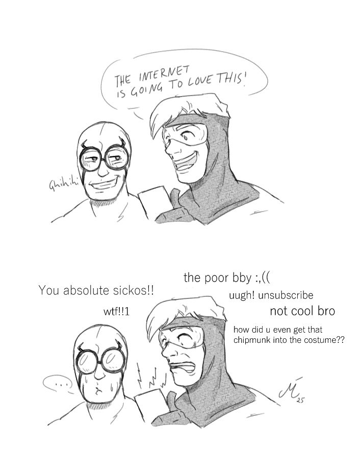 Two sketches of Booster and Beetle, Beetle in his normal form now. 
Booster looks at his phone while Ted is giggling, declaring "The internet is going to love this!" 
In the next picture they read the reactions with shocked expressions. They read "You absolute sickos!!" "wtf!!1" "the poor bby :,((" "uugh! Unsubscribe" "not cool bro" and "how did you even get that chipmunk into the costume??"