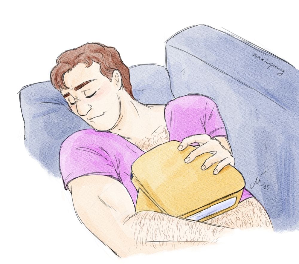 Fanart of Ted Kord, semi close up. He's napping on a couch, Skeets on his Belly/chest, looking very content to cuddle Skeets. He wears Booster's crop top outfit from the 80es.