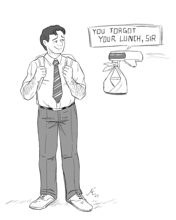 Ted faces the approaching Skeets, carrying a small bento lunch. Ted smiles, touched, as Skeets says "You forgot your lunch, Sir" Skeets' font looks like a computer typed font, indicating that he speaks with a synthetic voice