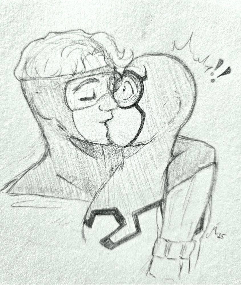 A black and white Sketch of Booster Gold and Blue Beetle. Booster slings one arm around Beetle's shoulder and kisses him on the mouth, Beetle looks very surprised. 