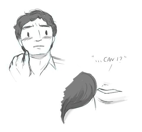 a small sequence as sketches. in the first one Ted looks flustered and slightly confused towards the viewer, a hand is on his neck, a thumb almost stroking his chin. Rhe second picture is a very close close up to Booster's lips, right before Ted's hairline. Booster asks "can I?"