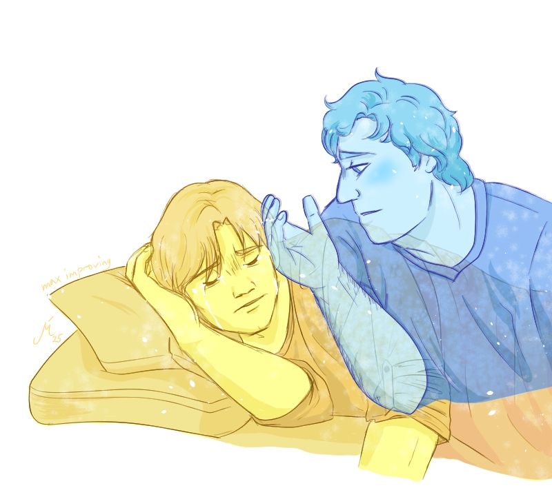 A picture of Booster and Beetle. They are in their civies, Booster is laying on a couch and pillow, with his eyes closed, tears running down his face, seemingly asleep. Ted touches his face tenderly with the back of his hand...being translucent, indicating it's Ted's ghost visiting a sleeping a Michael.