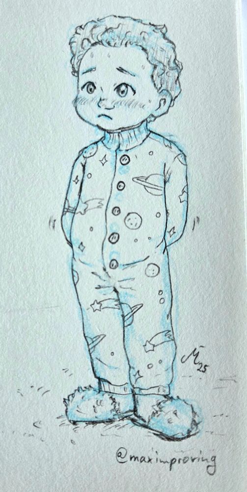 A black and white Sketch from Ted Kord as a child, he looks unsure and shy, with his hands behind his back, wearing a onesie with shooting stars and planets. He's got a slight flush on his face and a bit of sweat on his forehead, indicating he's running a fever.