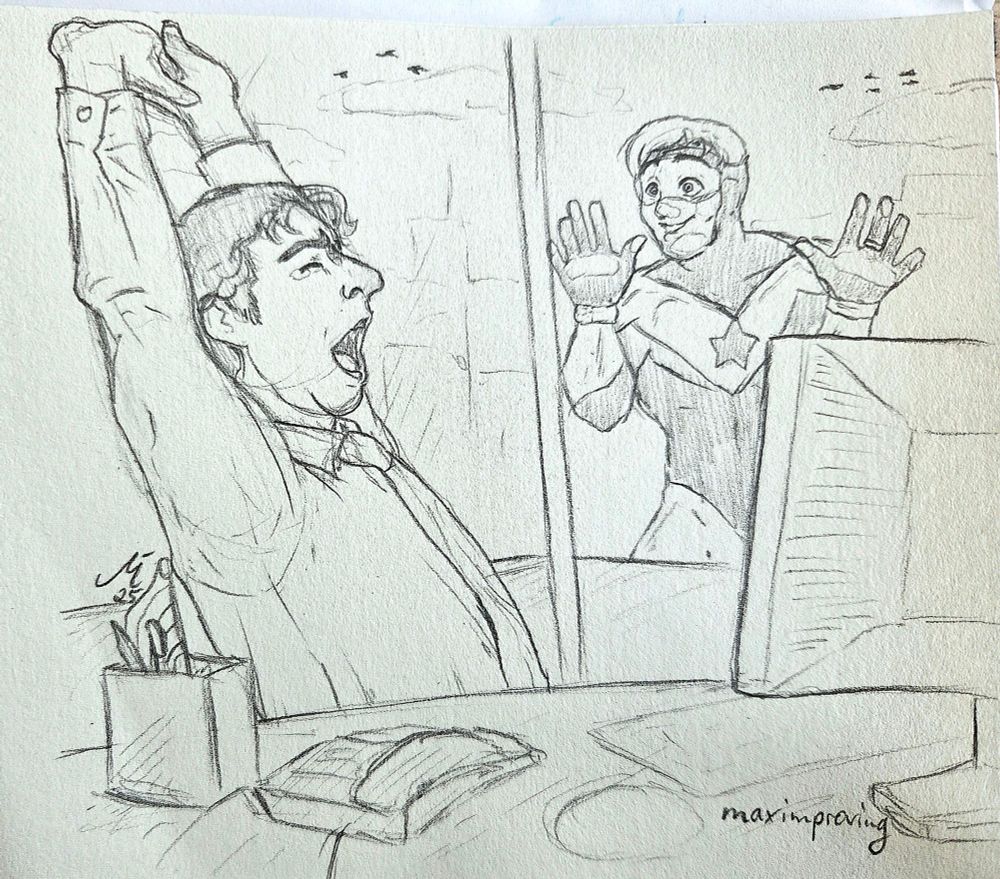 a black and white sketch of an office scene. Ted Kord in his CEO get-up yawns and stretches sitting on his chair, while Booster in his costume presses his face on the window, smiling expectantly. 