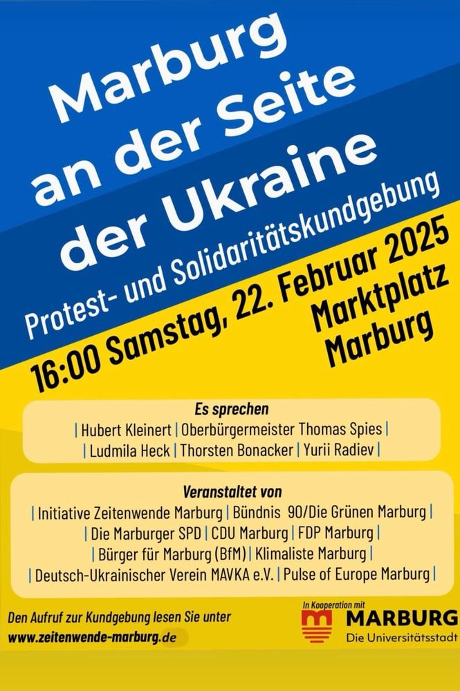 Hinweis auf die Protest- und Solidaritätskundgebung „Marburg an der Seite. der Ukraine“ am kommenden Samstag ab 16:00 auf dem Marktplatz