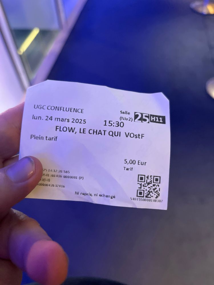 Billet de cinéma UGC pour aller voir Flow, film apparemment gigatrobien ayant apporté son premier Oscar à la Lettonie