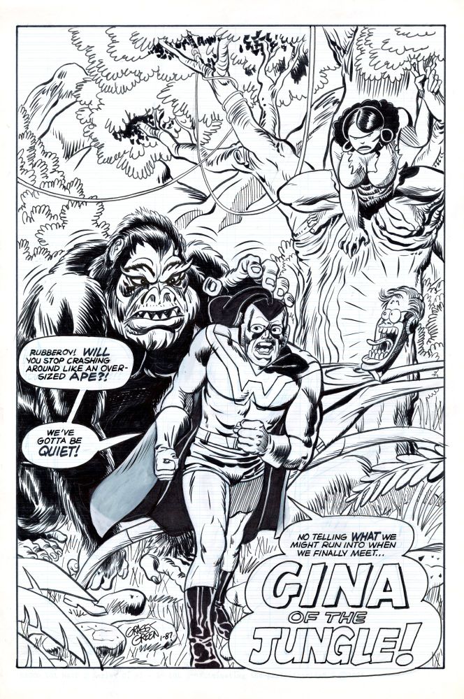 Superhero named Wildman running away from a gorilla while looking for another hero, Gina of the Jungle