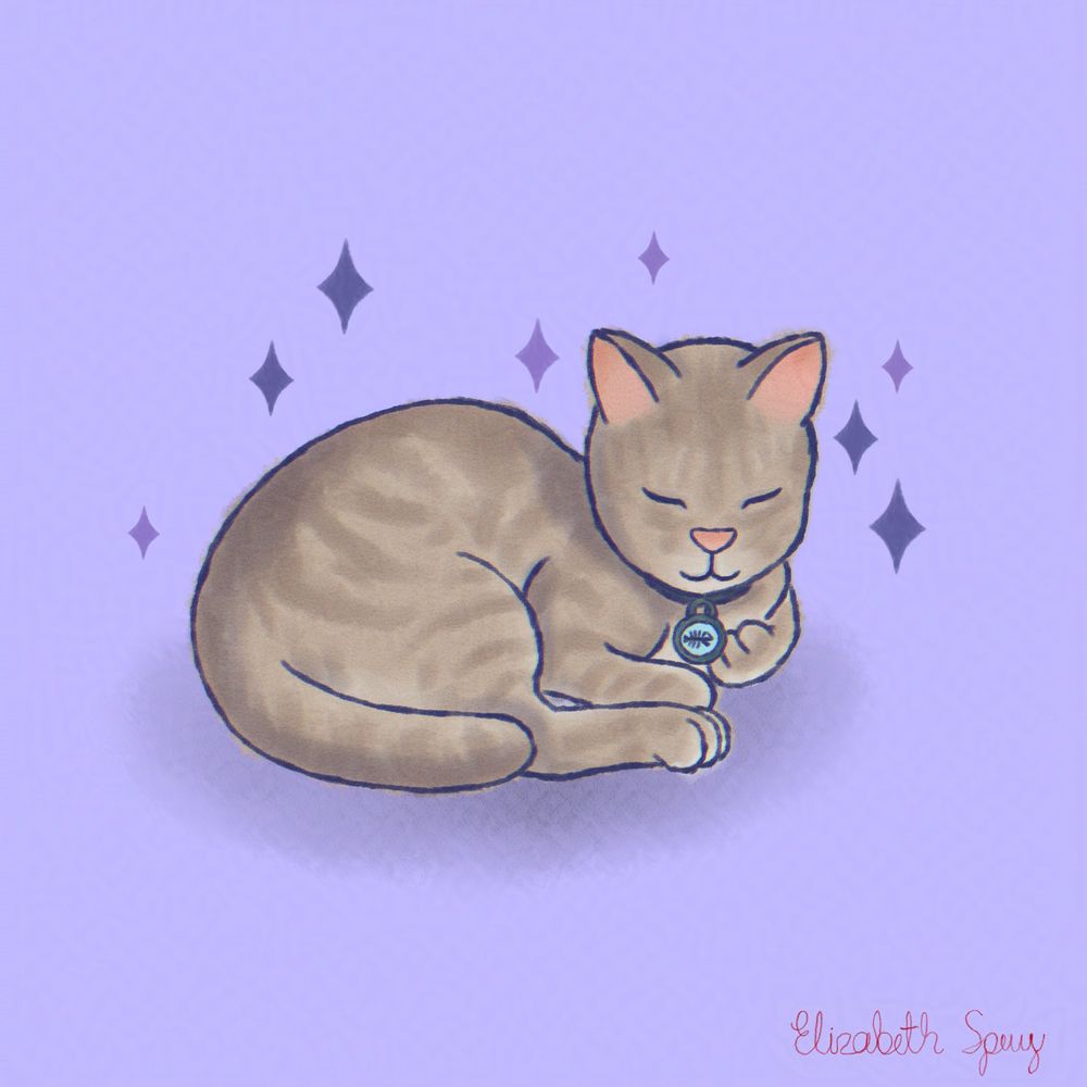 The kitty Shelly Nozomi is sitting with her eyes closed. She has a fish collar and sparkles are around her. 