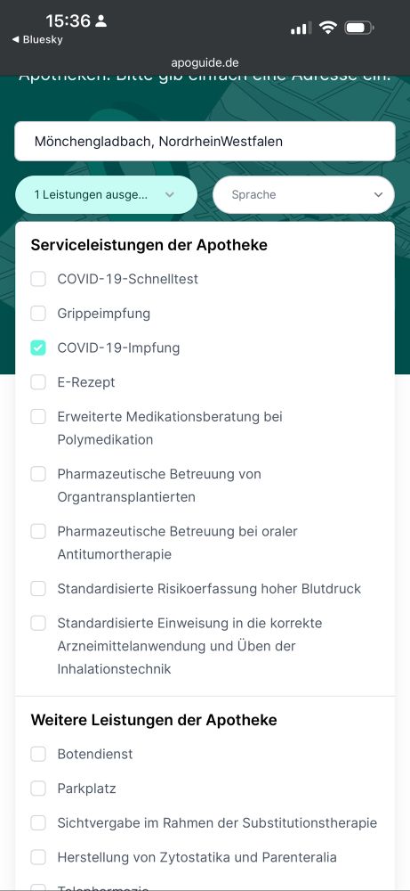 Suchmaschine mit COVID-Impfung und Ort gefüttert.