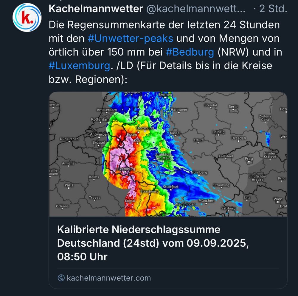 Wetterkarte von kachelmannwetter.com, große kumulierte Regenmengen über dem Westen Deutschlands.