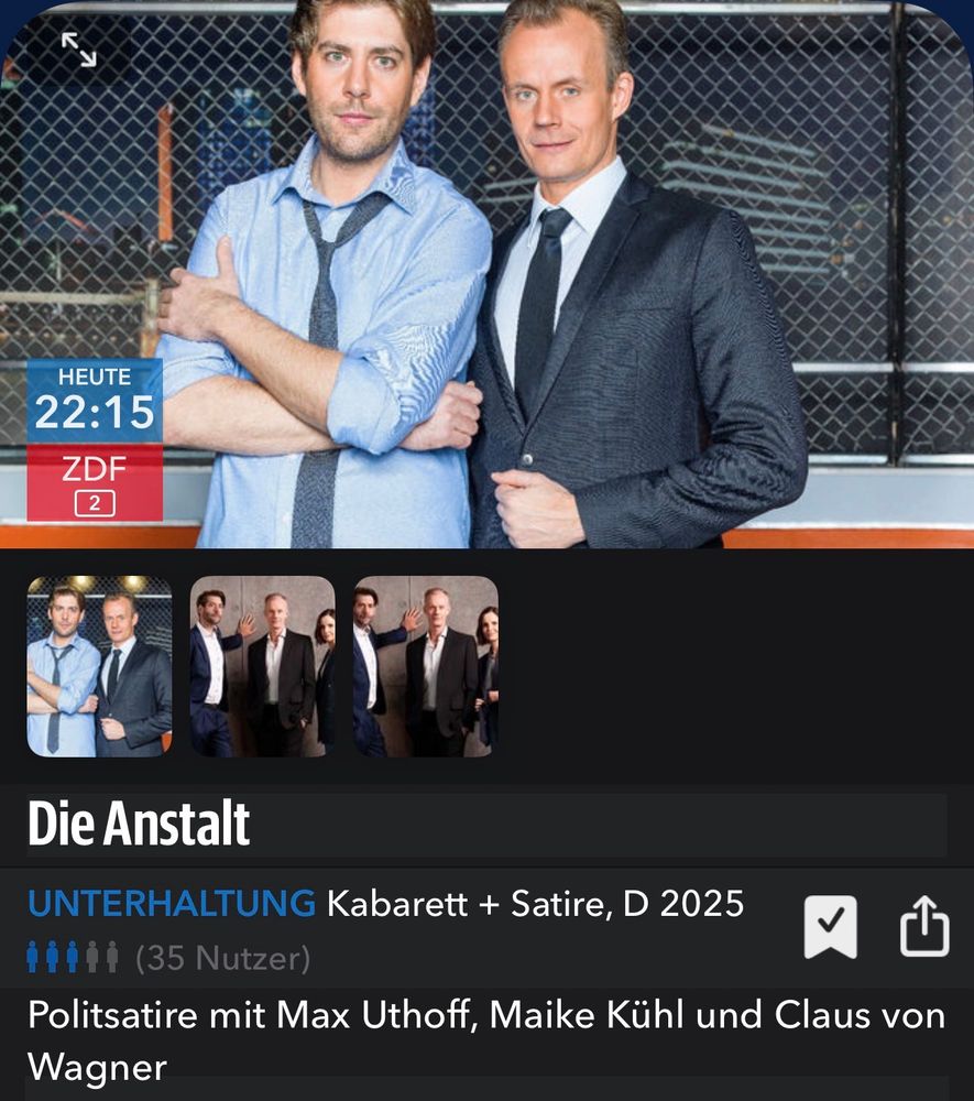 Fernsehzeitung, Ausschnitt, Hinweis auf die Fernsehsendung „Die Anstalt“ mit Max Uthoff, Maike Kühl und Claus von Wagner, heute um 22:15 Uhr im ZDF