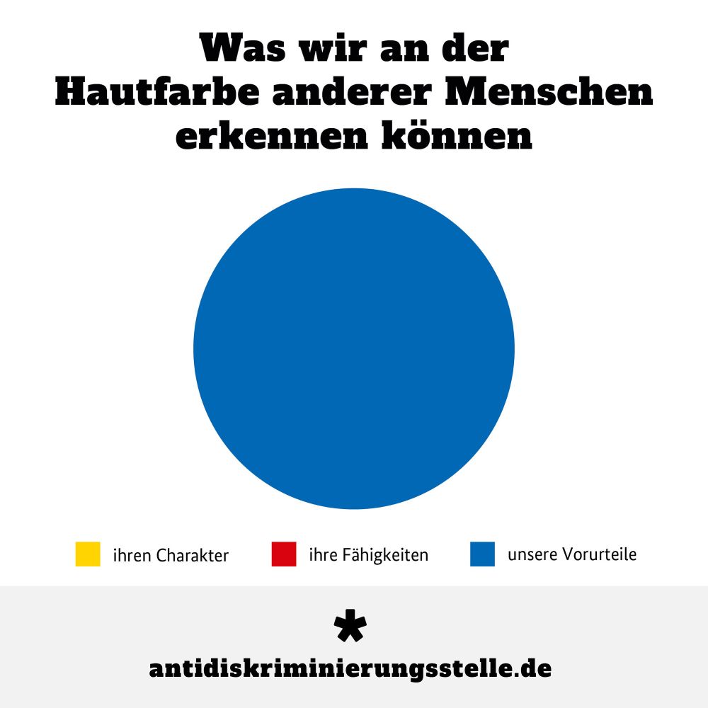 Statistik-Grafik, zu sehen ein großer und ausschließlich blauer Kreis. Überschrift: „Was wir an der Hautfarbe anderer Menschen erkennen können?“
Darunter die dazugehörige Legende:
1. Gelb - ihren Charakter
2. Rot - ihre Fähigkeiten 
3. Blau - unsere Vorurteile 

Unten die Quelle: „antidiskriminierungsstelle.de“