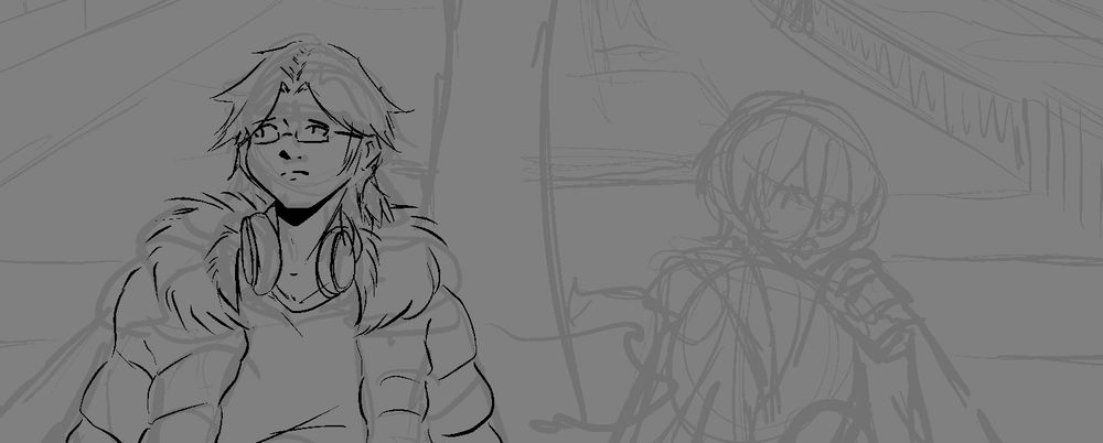 a work in progress/wip digital illustration of the op's persona 4 fanfic "exit doors" done in clip studio paint/csp.

the illustration is cropped from its full size.

an older yosuke hanamura and naoto shirogane are sitting next to each other in a tokyo park. yosuke notably has glass now and longer hair. he looks upset. naoto, meanwhile, also looks uncomfortable, as they drink something from a can. naoto's hair is longer as well.

as this is still a wip, only yosuke has lineart, the rest of the image is a sketch.